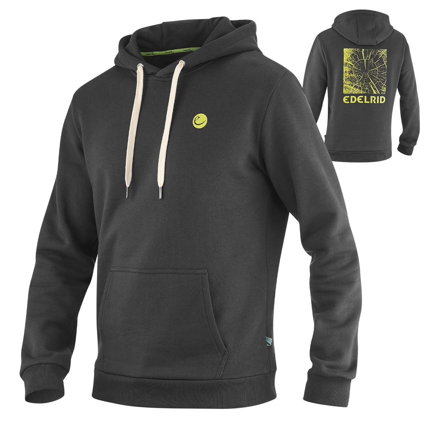 Sweat à capuche grounder gris foncé avec capuche et cordons blancs à l’avant et à l’arrière avec grand imprimé tronc d’arbre jaune et lettrage EDELRID