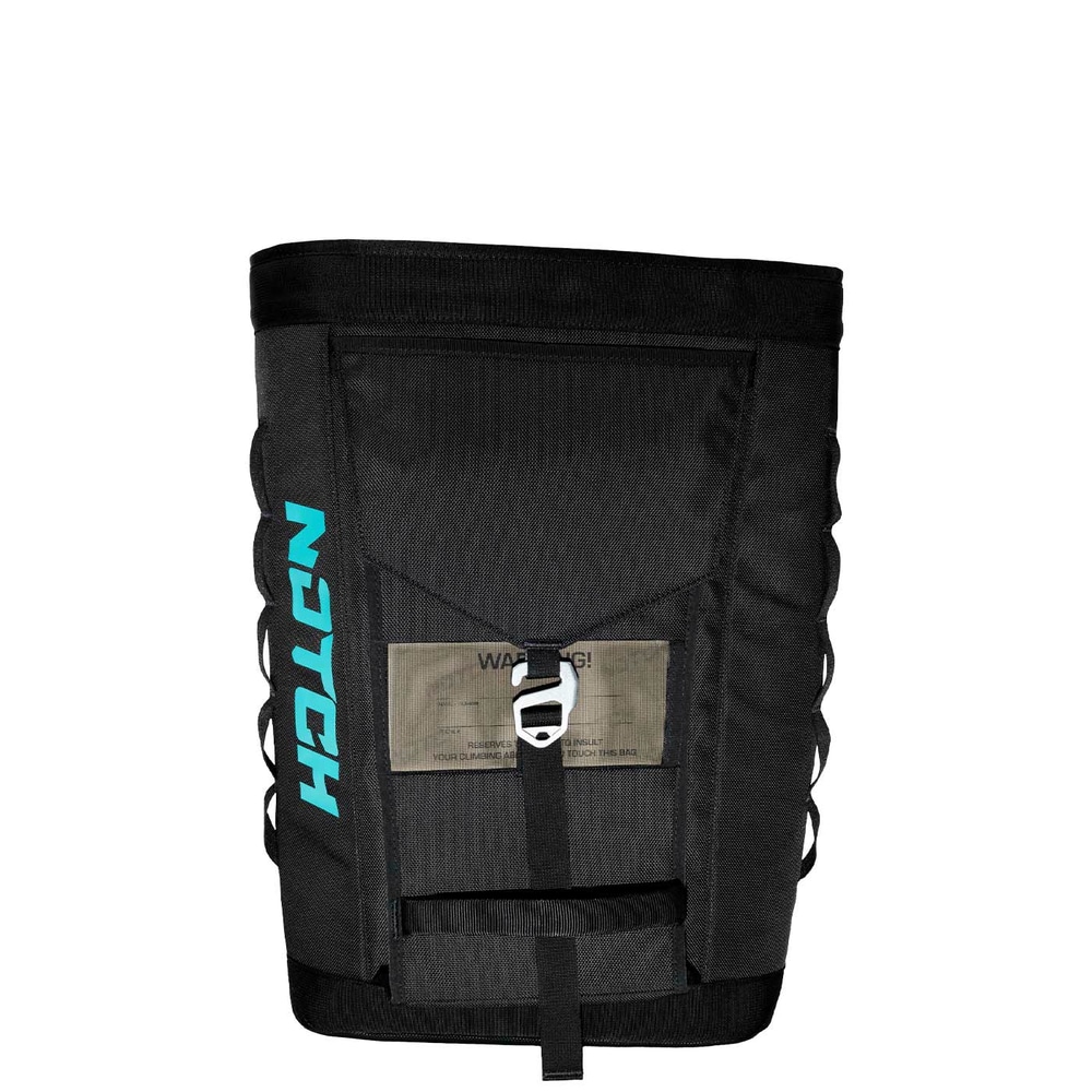 Sac d’approche noir avec logo NOTCH turquoise sur le côté, rabat avant avec boucle et avertissement transparent