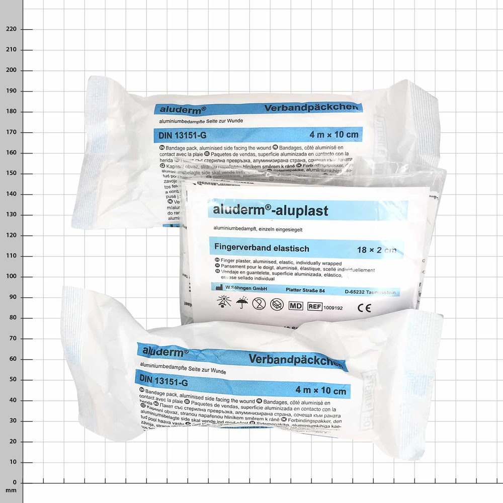 Kit de remplissage First Aid XS avec pack de bandages en aluminium 4 m x 10 cm et élastique pour les doigts en aluderm-aluplast 18 x 2 cm