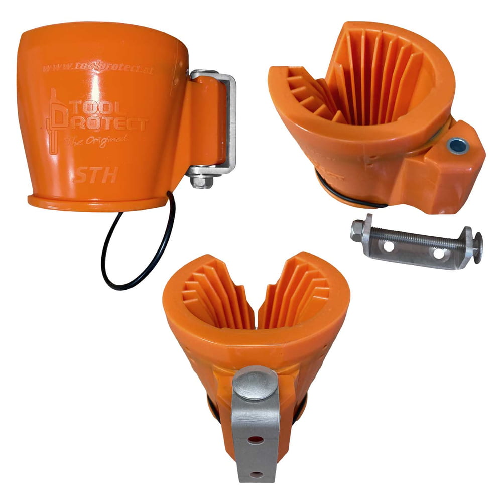 Tournevis et porte-tige en orange avec clip métallique et anneau en caoutchouc noir, trois vues différentes, fabricant Tool Protect