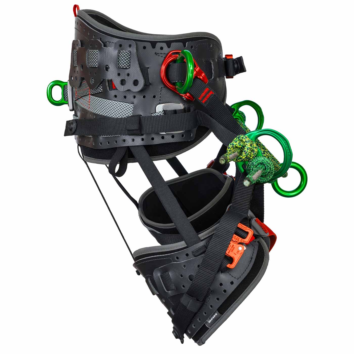 Harnais d’escalade Kinisi Pro avec ceinture rembourrée noire, anneaux en métal vert et boucles rouges, vue latérale gauche