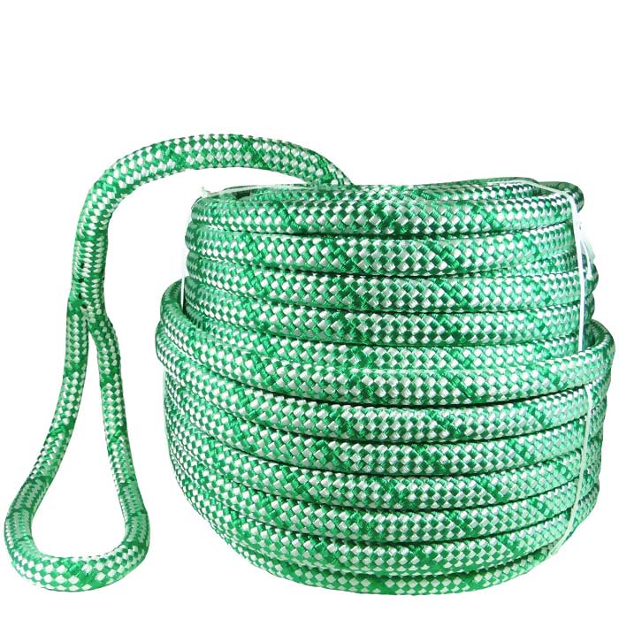 Sirius Bull Rope 18 S est composé d’une corde tressée verte et blanche enroulée avec une boucle à l’extrémité.