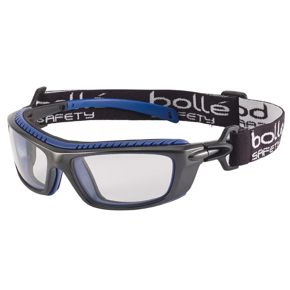 Lunettes de sécurité Bollé Baxter avec verres transparents et noir, monture bleue et bandeau noir avec lettrage blanc