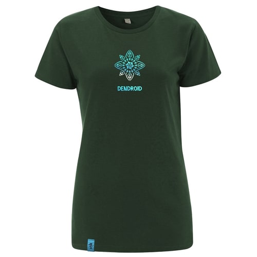 T-shirt Symmetree vert foncé avec motif symétrique bleu et inscription « DENDROID » sur le devant, autoportant