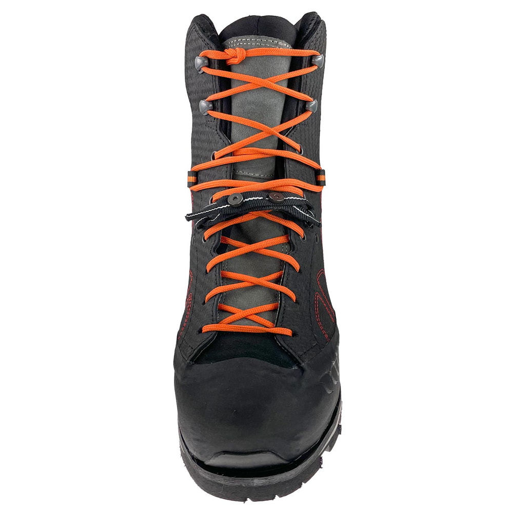 Chaussure de sécurité Evo noire avec lacets orange visibles de face, nom du fabricant non visible