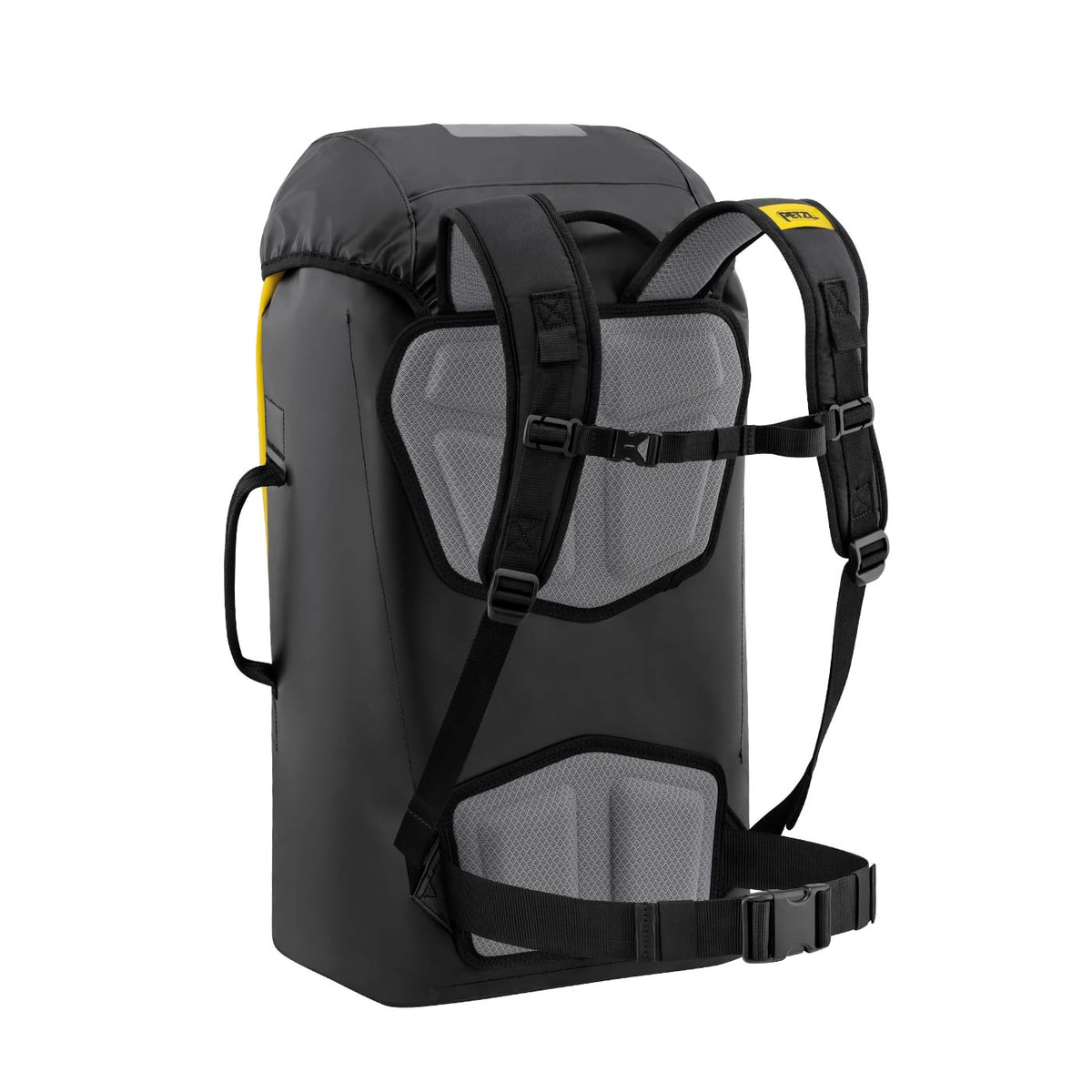 Dos du sac à dos Petzl Transport 45 en noir avec bretelles rembourrées et ceinture abdominale