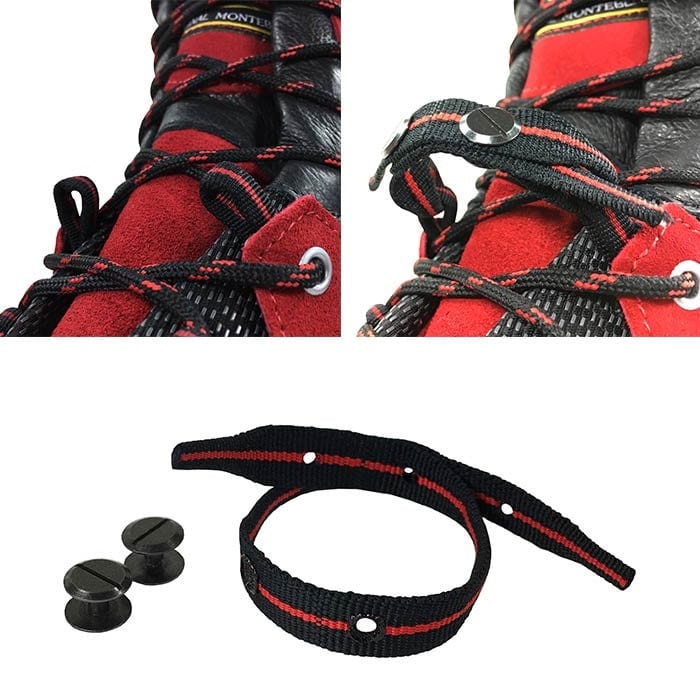 Gros plan de lacets noirs et rouges avec œillets et deux attaches noires, ainsi qu’un ruban noir et rouge