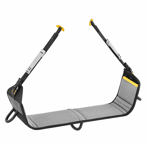 Podium de Petzl, un siège rembourré gris avec sangles et boucles noires et jaunes