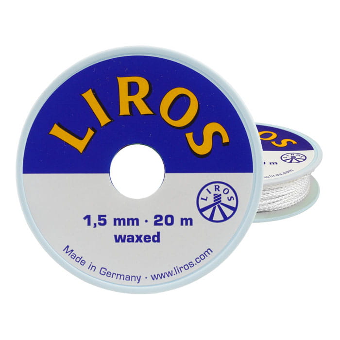 Fil de gréement Wax 1.5 de Liros, cordon ciré blanc sur une bobine ronde avec lettres bleues et blanches, diamètre 1,5 mm, longueur 20 m, Fabriqué en Allemagne