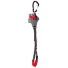 Gemini Knee, un appareil d’assurage avec mousqueton noir, partie métallique rouge et ceinture noire avec extrémité rouge