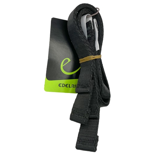 Sangles en sangle pliées noires avec étiquette vert-noir, fabricant Edelrid, nom du produit TreeRex Leg Loops