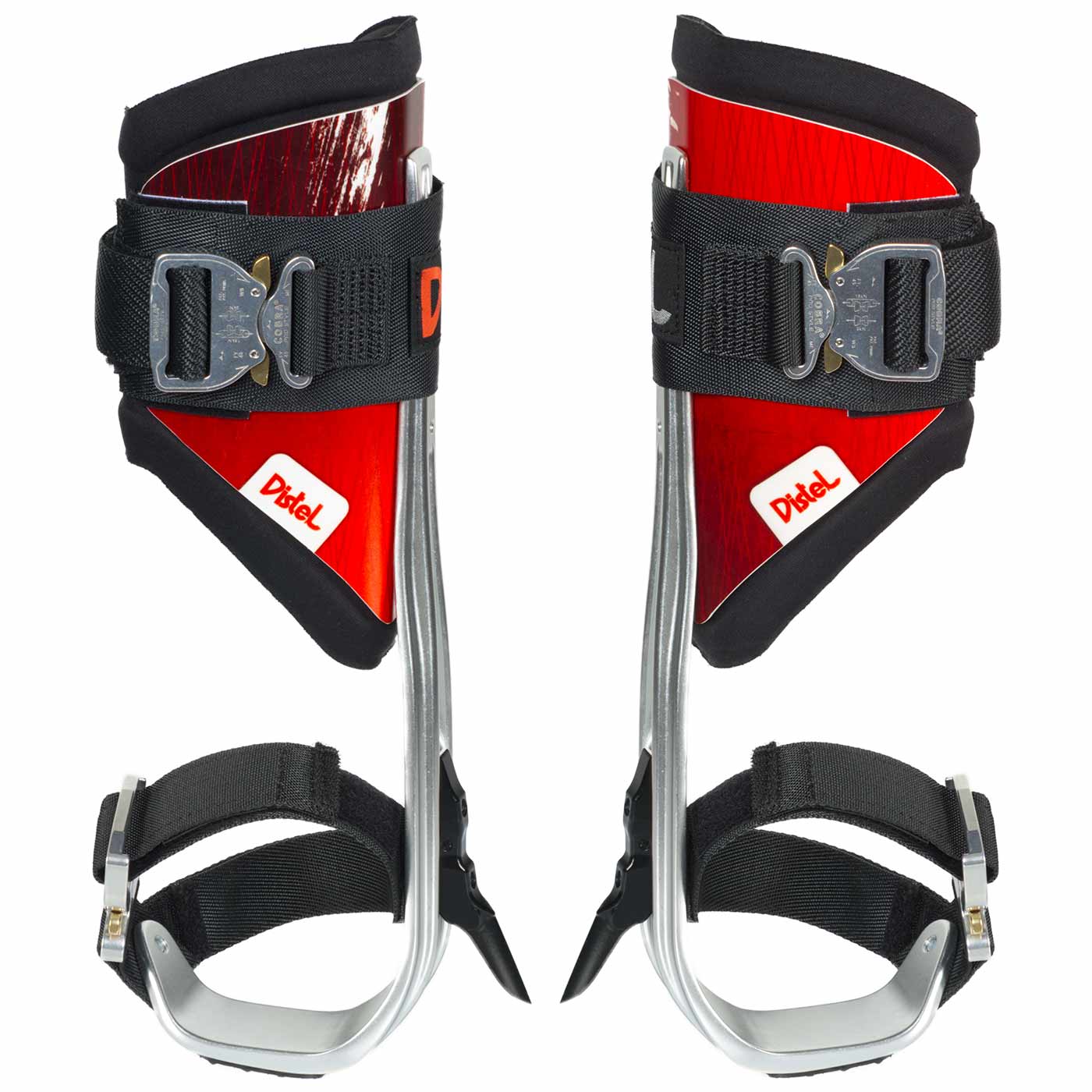 Distel Alu PLUS Click by Distel, paire d’étriers en aluminium avec plaques en plastique rouge, velcro noir et sangles à boucle