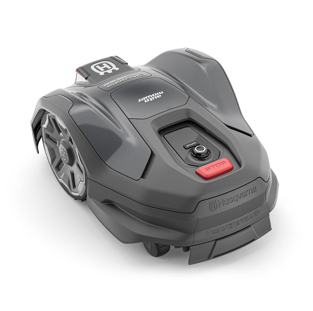 Robot tondeuse Husqvarna 310E Nera gris vu du haut avec bouton d’arrêt rouge et inscription Husqvarna