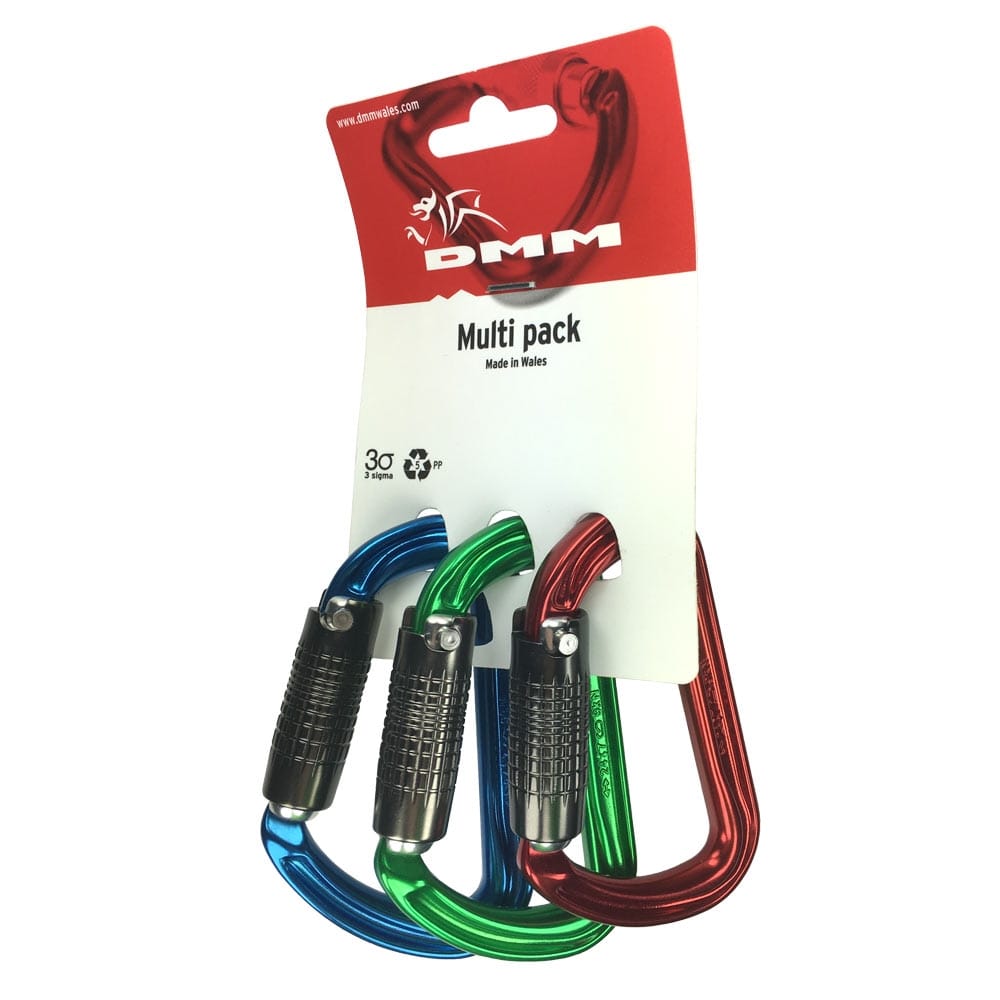 3 x mousquetons d’escalade Shadow Color en rouge, bleu et vert dans un emballage avec logo DMM et inscription « Multi pack »