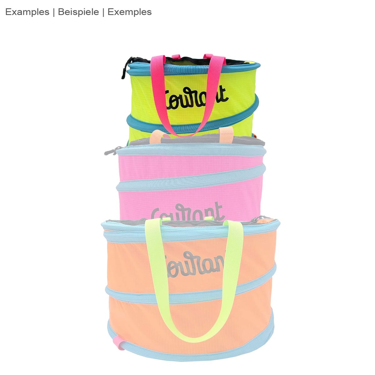 Trois sacs Pelican S en jaune, rose et orange avec des bords bleus et des poignées de transport de couleurs différentes empilées