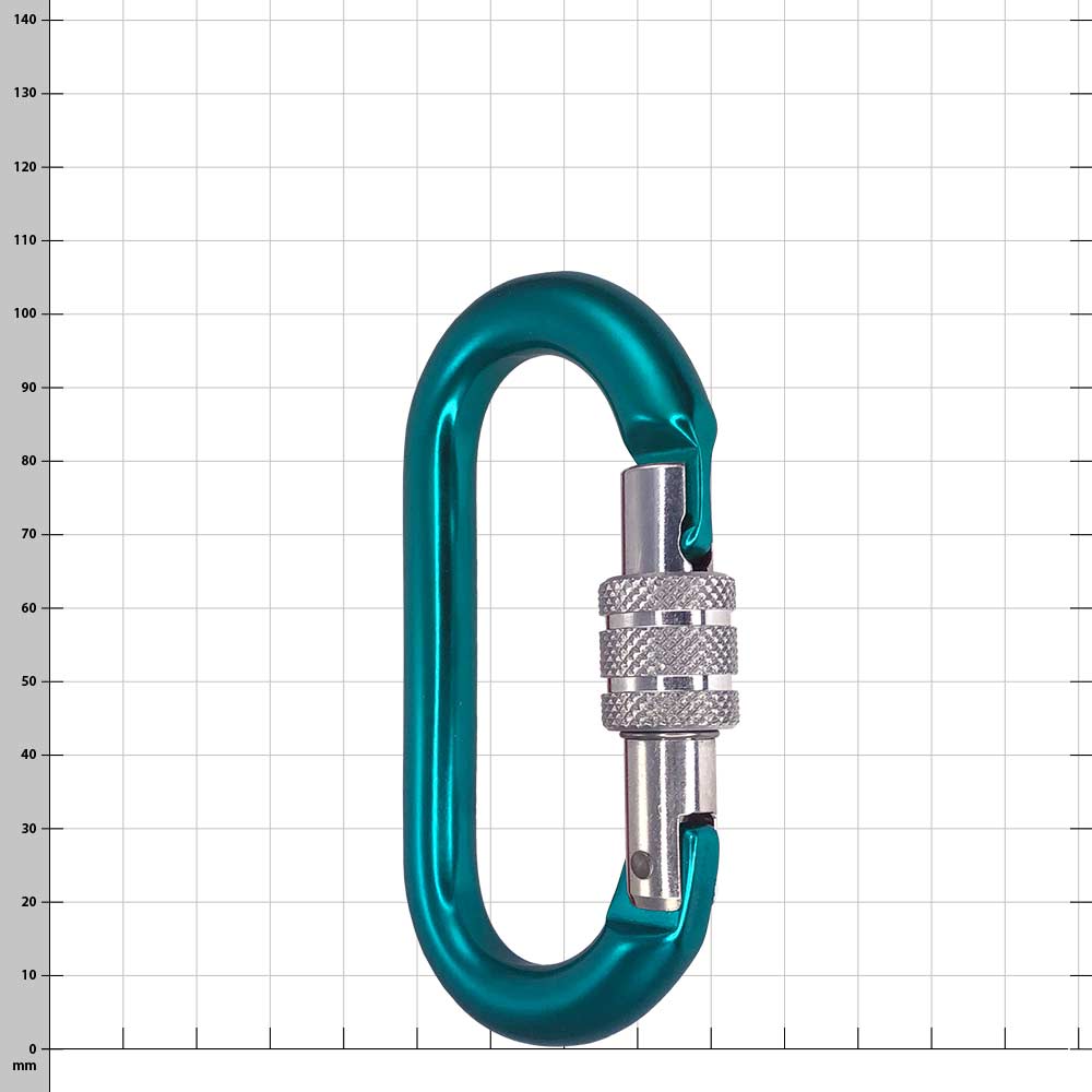 Mousqueton ovale Screwlock en bleu avec verrou à vis ouvert, nom du produit Oval Screwlock