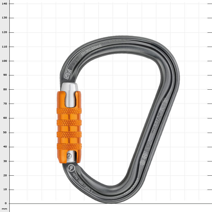 Mousqueton William Triact avec corps gris et mécanisme de fermeture orange