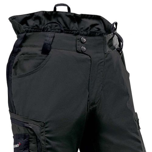 Pantalon StretchFlex® Cancool noir, gros plan de la moitié supérieure avec passants de ceinture, poches et deux boutons-pression sur la ceinture