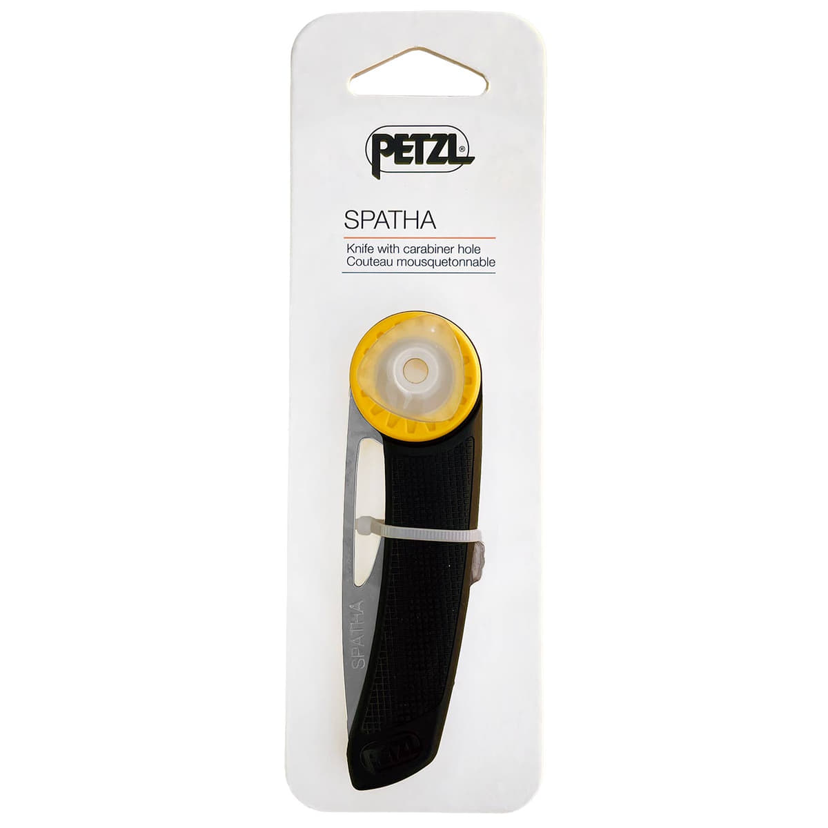 Couteau pliant Petzl Spatha emballé sur carton blanc avec le logo Petzl et le nom du produit « SPATHA »