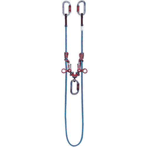 Longe gyroscopique Double, deux cordes d’escalade bleues et rouges avec rouleaux métalliques rouges, housse de protection noire et mousquetons gris avec fermeture rouge