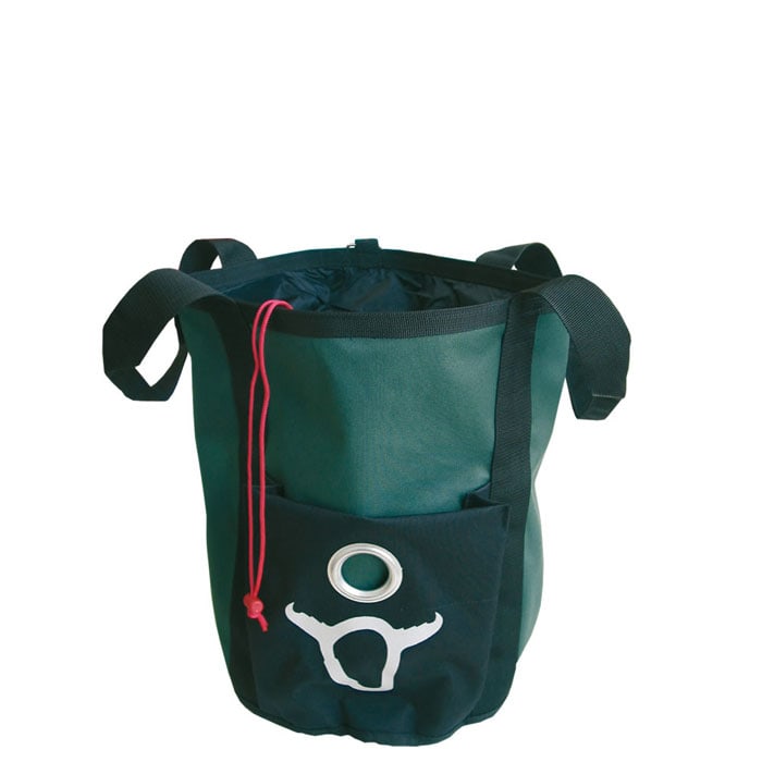 Sac professionnel, vert avec poche frontale noire, cordon de serrage rouge et motif tête de taureau blanc