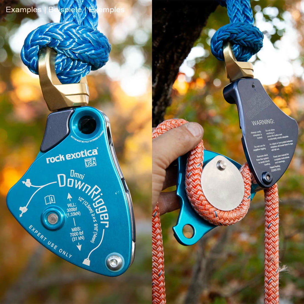 Rock Exotica Omni DownRigger en bleu, ouvert, avec corde orange, une main tient la corde, fabricant Rock Exotica, type DownRigger