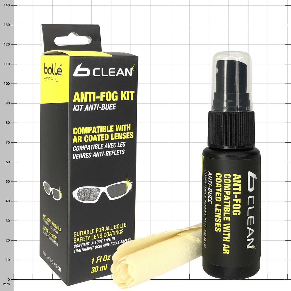 Kit antibuée B300 de bolle, emballage noir avec des accents et un texte jaunes, à côté un petit flacon pulvérisateur noir avec couvercle transparent et texte jaune et un chiffon de nettoyage jaune enroulé.