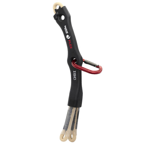 Squirrel Flex Tether d’ISIC, connecteur flexible noir avec boucles beiges aux deux extrémités, mousqueton rouge attaché et deux trous ronds