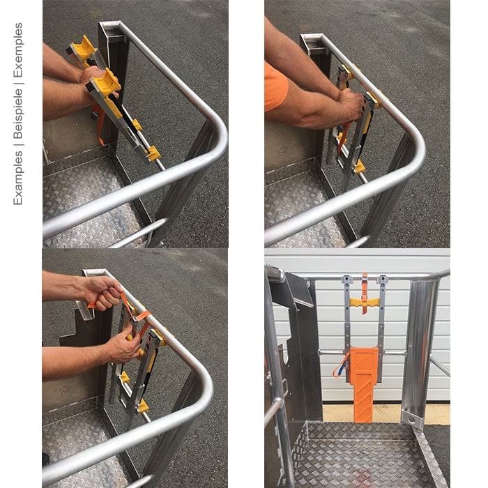 Quatre photos montrant l’installation de l’adaptateur de fixation Work Cage Premium sur une balustrade métallique, avec les mains fixant l’adaptateur, la sangle orange et le porte-outil orange, fabricant non visible