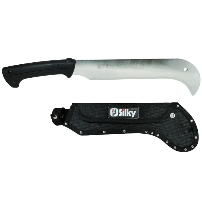 Machette Yoki 270 de Silky avec manche noir et lame argentée, plus étui noir avec logo Silky