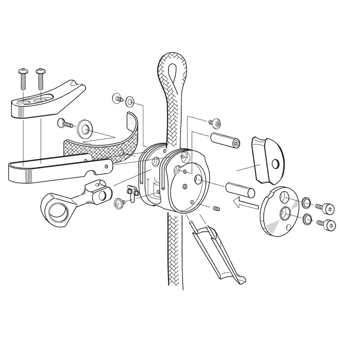 SpiderJack 2.1 Basic by ART, dessin technique en noir et blanc, vue éclatée des différentes pièces et assemblage sur une corde