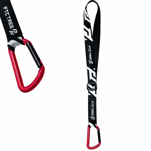 SRT Neck Loop sangle noire avec logo FTC Tree blanc, fermeture réglable et mousqueton rouge