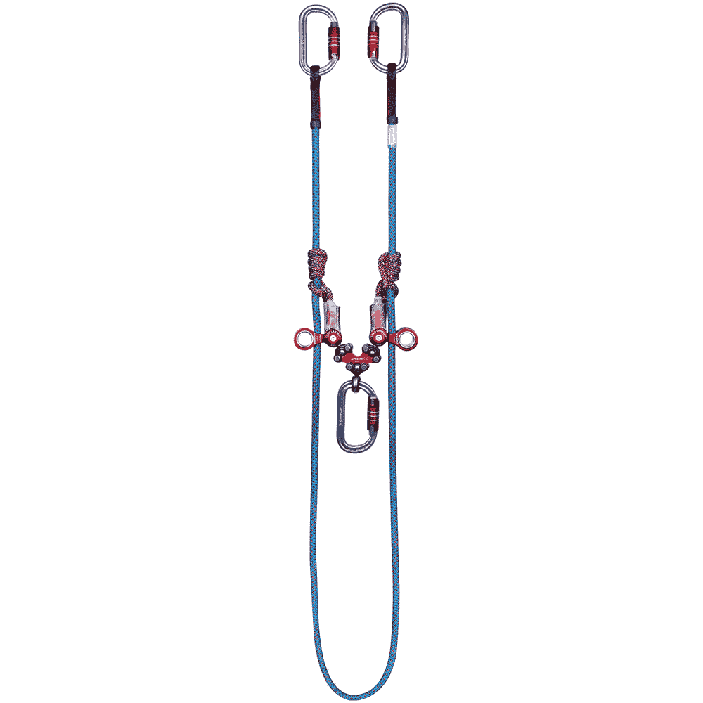 Longe gyroscopique Double, deux cordes d’escalade bleues et rouges avec rouleaux métalliques rouges, housse de protection noire et mousquetons gris avec fermeture rouge