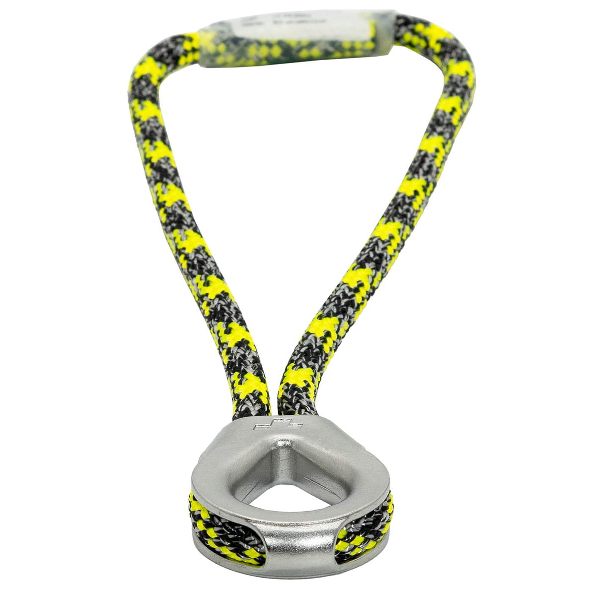prusikLOOP fimble, une corde à motifs jaune-noir-gris avec une partie en métal argenté en forme de larme