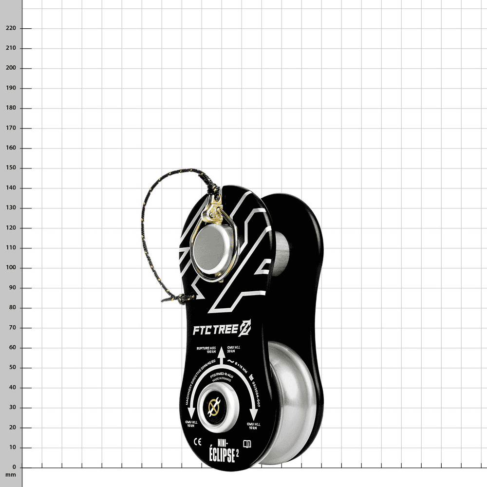 Mini-Eclipse 2 Alu, poulie noire avec impressions blanches, rouleau métallique et boucle de sécurité attachée