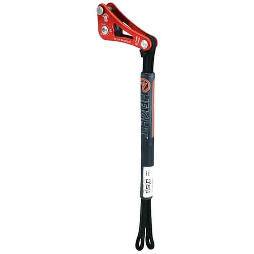 Clé à corde Double réglementation EPI Système Levier en métal rouge avec poignée noire et inscription « Height » sur la veste de protection noire