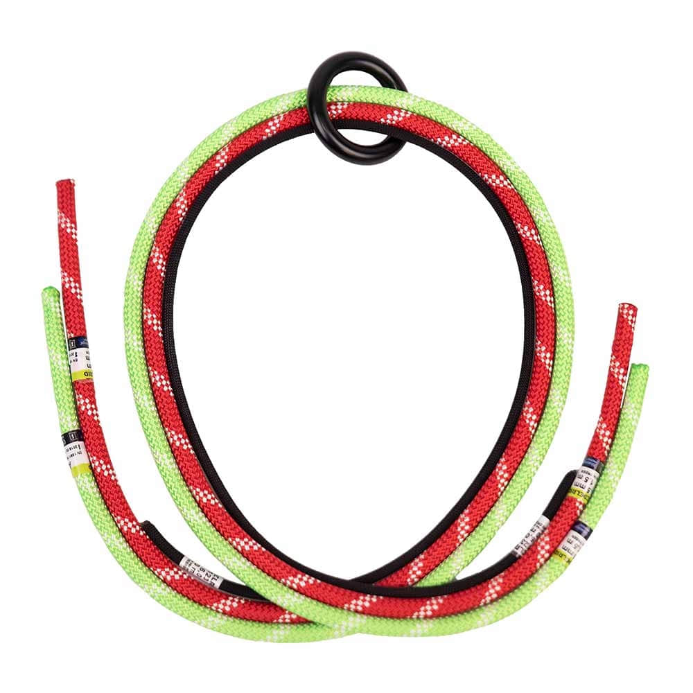 L’ensemble de ponts de corde TreeRex comprend plusieurs cordes colorées en rouge, vert et noir disposées en boucle, avec un anneau en métal noir au sommet