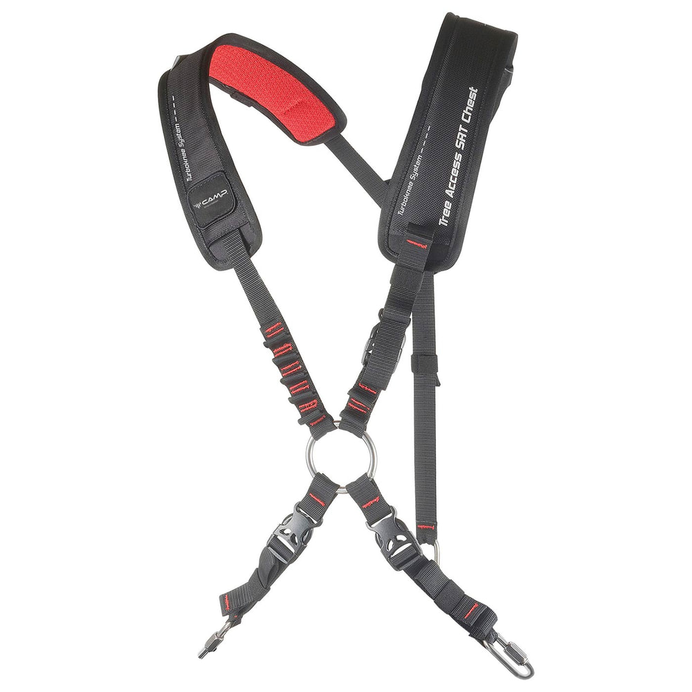 Sangle de poitrine Black Tree Access SRT avec coussinets rouges et anneau en métal argenté au milieu, fabricant CAMP