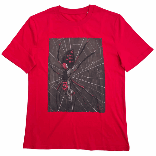 Chemise ART Spider rouge avec un grand imprimé d’une araignée sur une toile d’araignée sur le devant