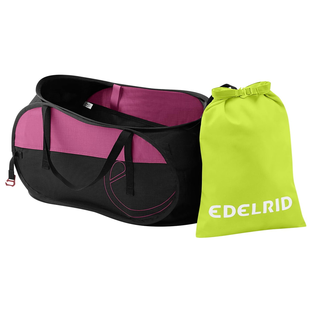 Sac de printemps 30 d’Edelrid en noir et rose avec deux poignées et un petit sac en jaune fluo avec logo Edelrid blanc