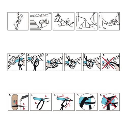 Jeu de goupilles de corde avec des instructions en noir et blanc et des illustrations en couleur sur la façon d’utiliser les goupilles
