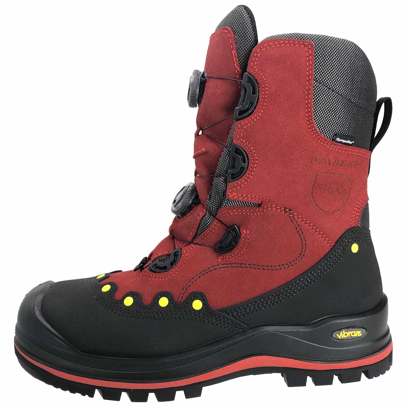 Chaussure BOA® anti-coupure vue latérale en rouge et noir avec pois jaunes, semelle noire avec bande rouge et deux fermetures torsadées noires