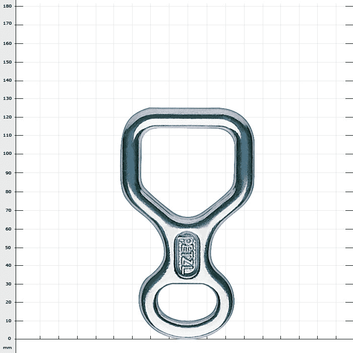 Huit by Petzl, descendeur en métal argenté avec deux ouvertures de tailles différentes et gravé du nom de la marque Petzl