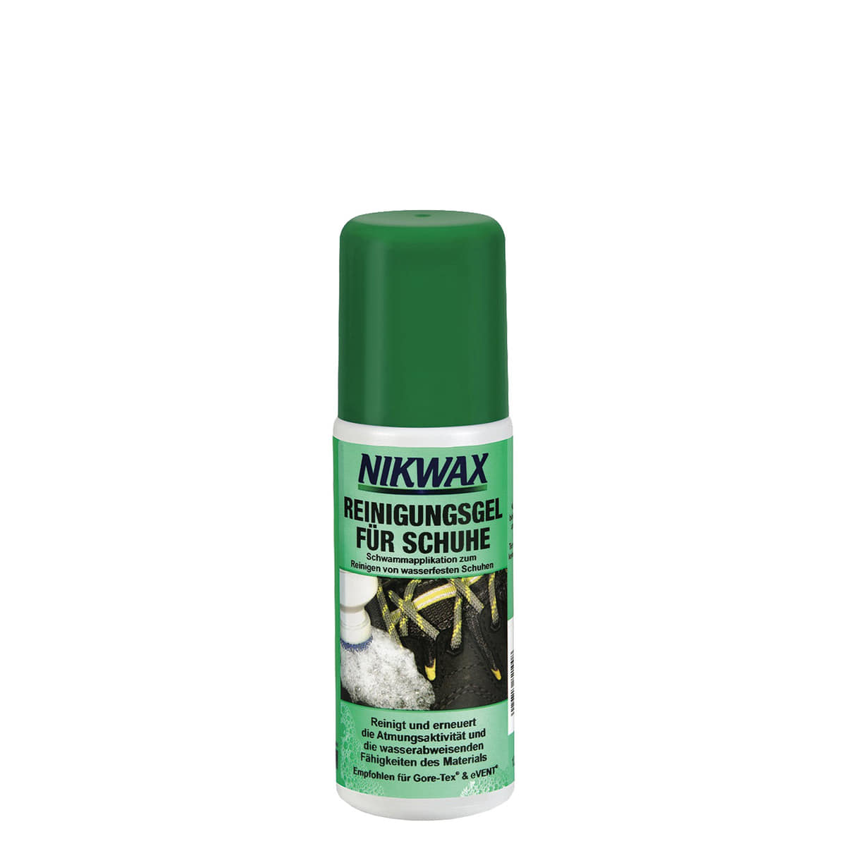 Gel nettoyant pour chaussures Nikwax avec couvercle vert et étiquette verte montrant une chaussure avec de la mousse et du texte pour nettoyer et renouveler la respirabilité et les propriétés hydrofuges