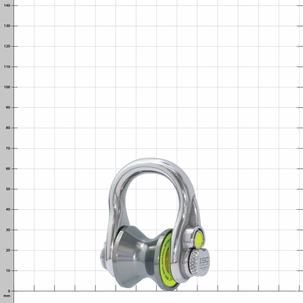 Ultra Link Small d’ISC, une manille argentée avec un rouleau gris en forme de tambour au centre et un bouton jaune sur le fermoir