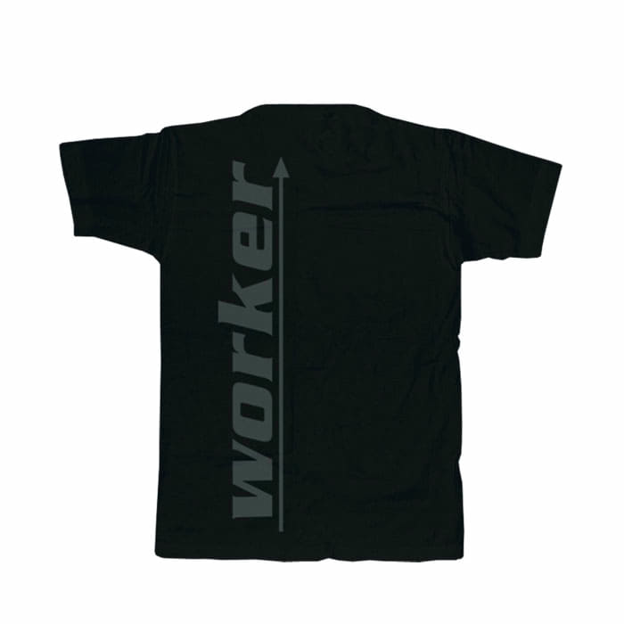 T-shirt noir avec lettrage vertical gris « worker » dans le dos, nom du produit Tree Frog