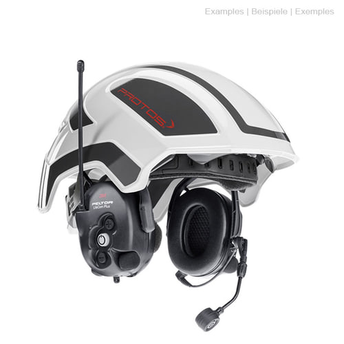 Casque PROTOS® blanc avec lettrage noir et rouge, casque de communication noir monté avec microphone et antenne