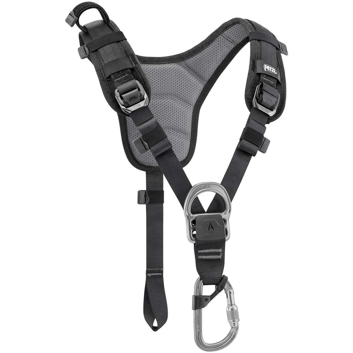 Top by Petzl, bandoulière noire avec panneau arrière rembourré gris et œillets métalliques à l’avant, mousqueton attaché