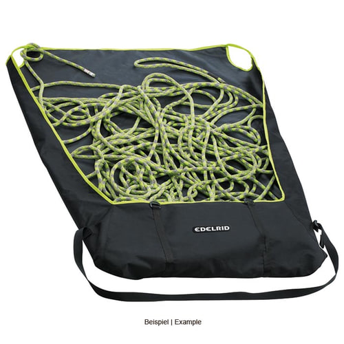 Le sac Edelrid Liner noir aux accents jaune-vert s’ouvre, à l’intérieur se trouve une corde d’escalade jaune-vert, le sac a deux poignées et une sangle de transport