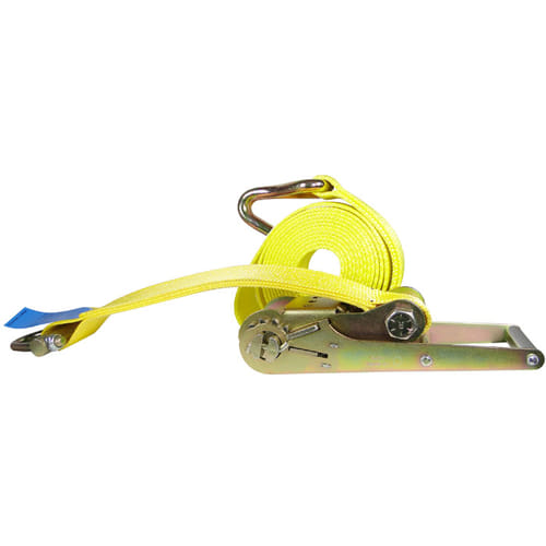 Sangle d’arrimage Duo Maxi avec sangle jaune et cliquet métallique, vue latérale, fabricant non visible